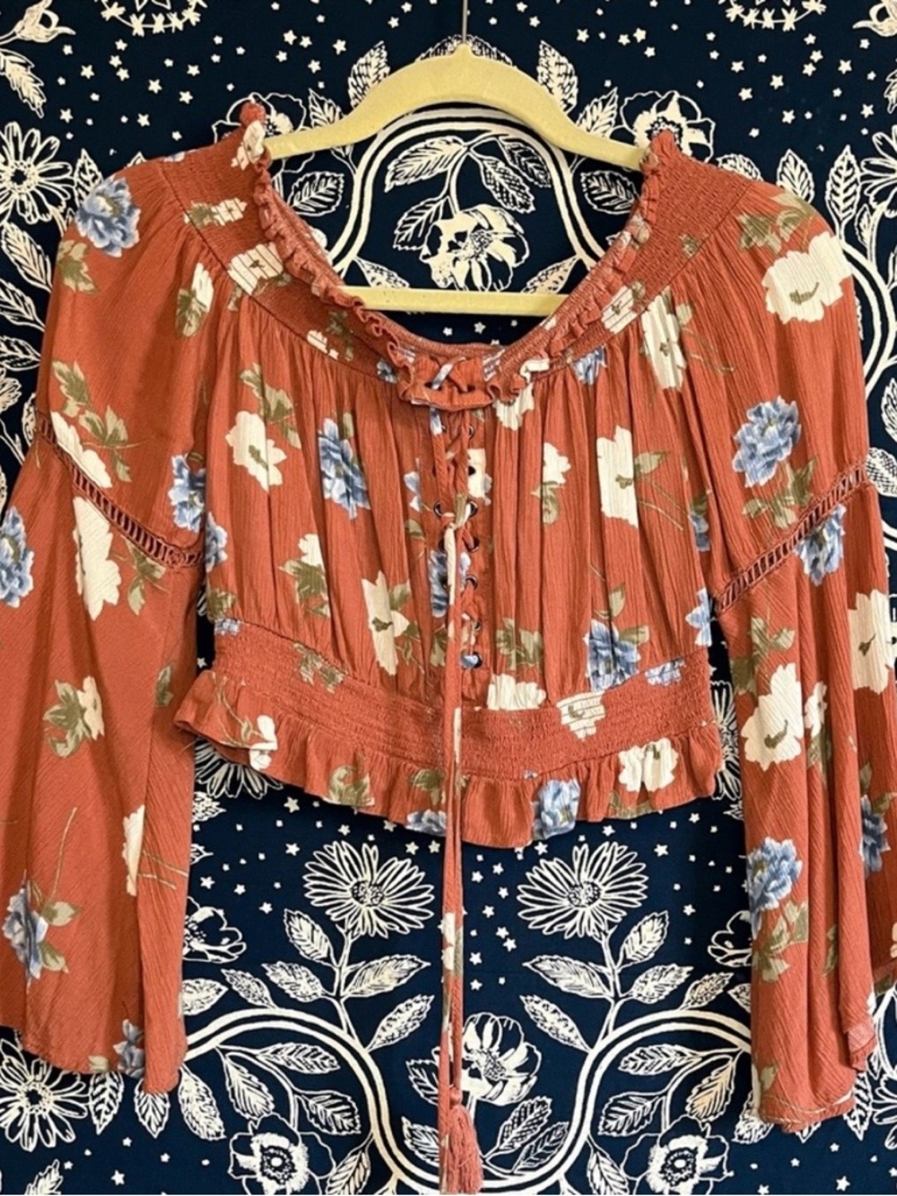 American Eagle Outfitters Rust Floral Lace-Up Peasant Blouse